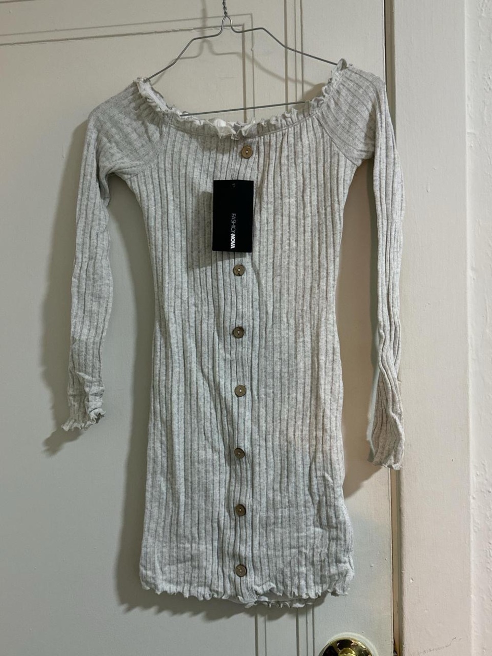 Fashion Nova Oatmeal Ribbed Off-Shoulder Mini Dress